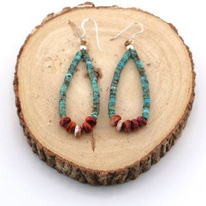 Handmade Navajo Kingman Turquoise and Spiny Oyster Loop Dangle Earrings **‎
